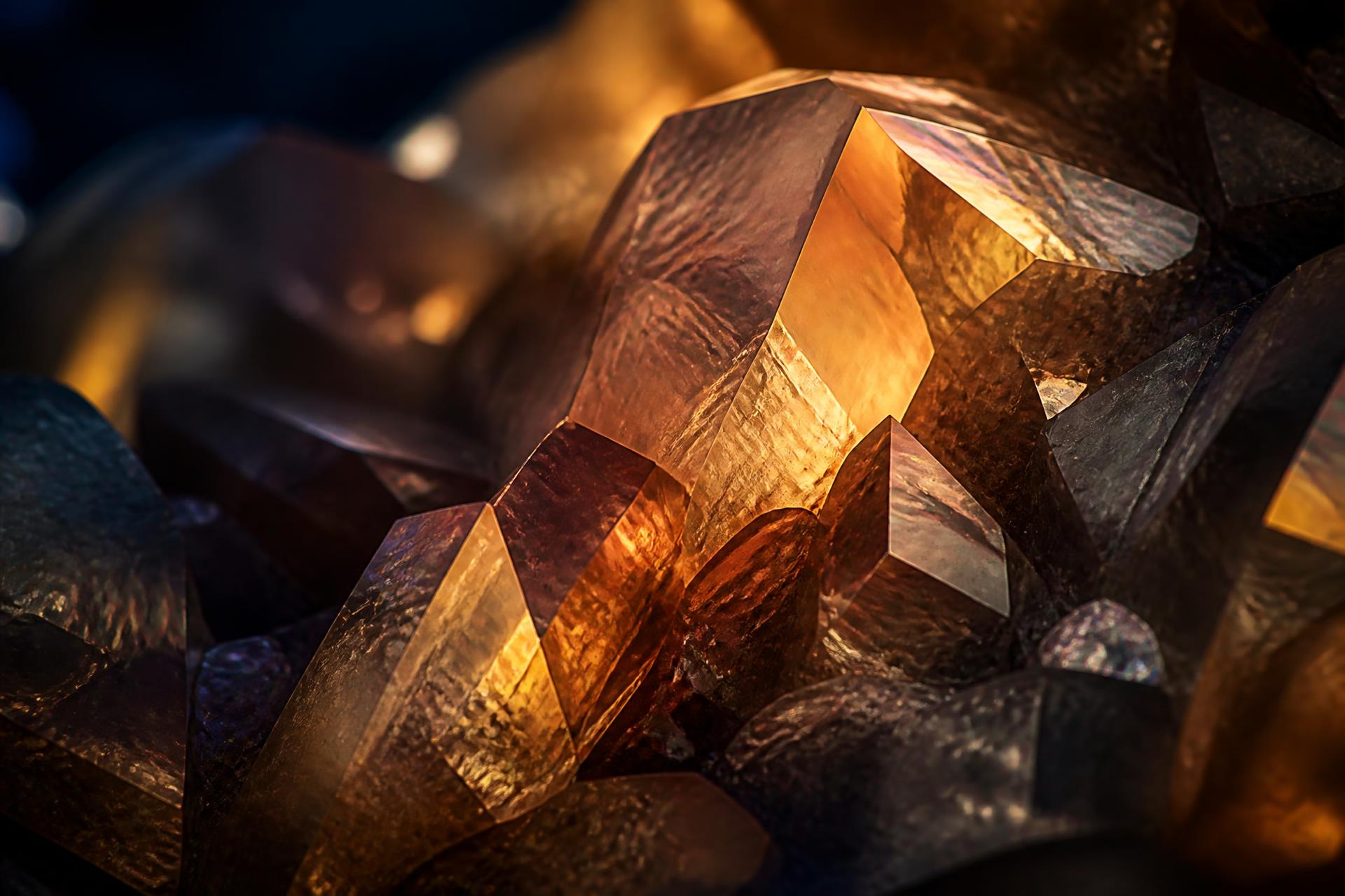 Macro view of a faceted crystalline structure, sharp planes catching low light.